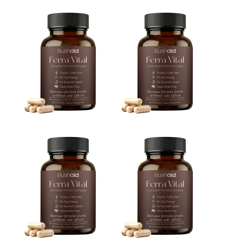 BushAid Ferra Vital Ferritin Complex with Iron Zinc Vitamins B6 B12 Supports Hair Shine Energy Focus Scalp Wellness 60 Capsules