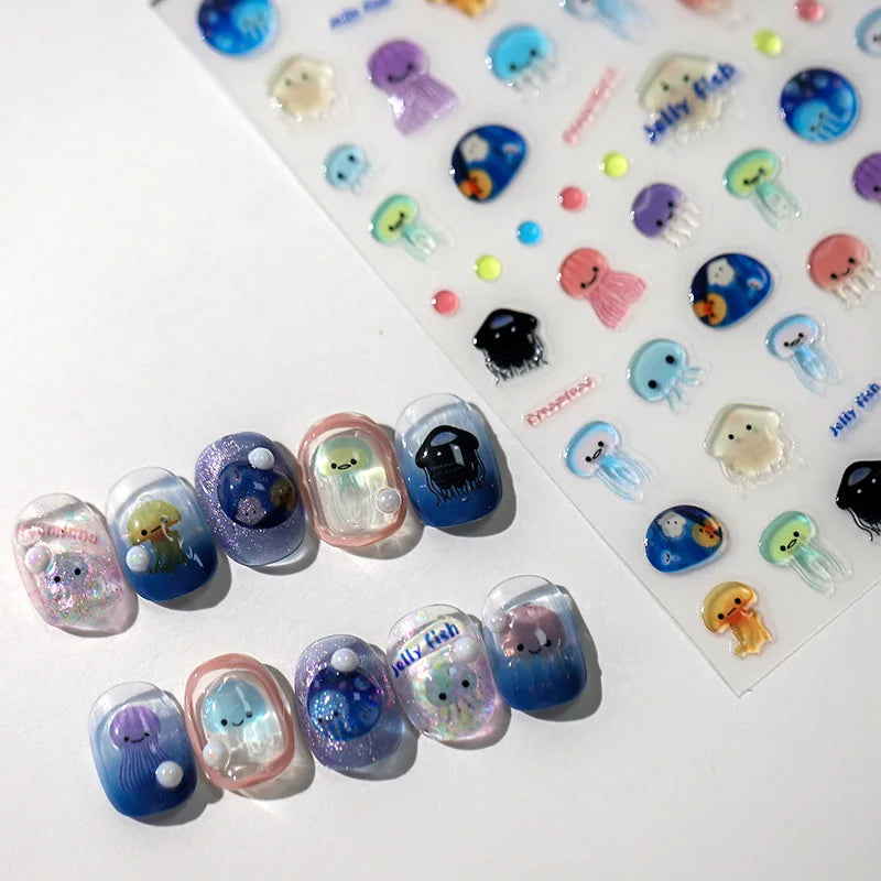 1pcs 5D Kawaii Jelly Fish Nail Art Stickers Blue Jellyfish Adhesive Nail Art Decorations Stickers 3D Manicure Decals Accessories