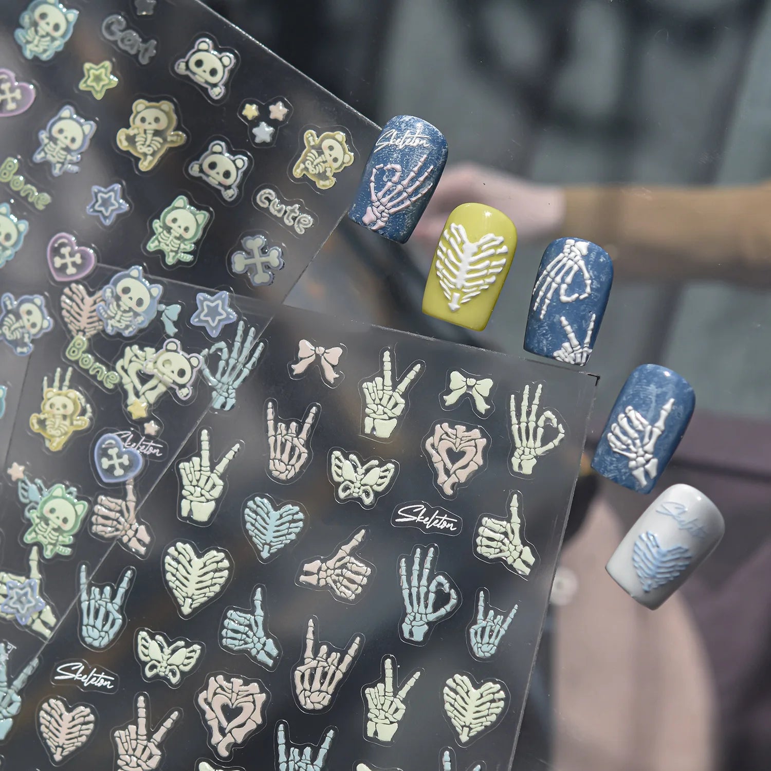 Colorful Halloween nail stickers glowing in the dark cute skull and cat bone pattern design self-adhesive nail art stickers DIY