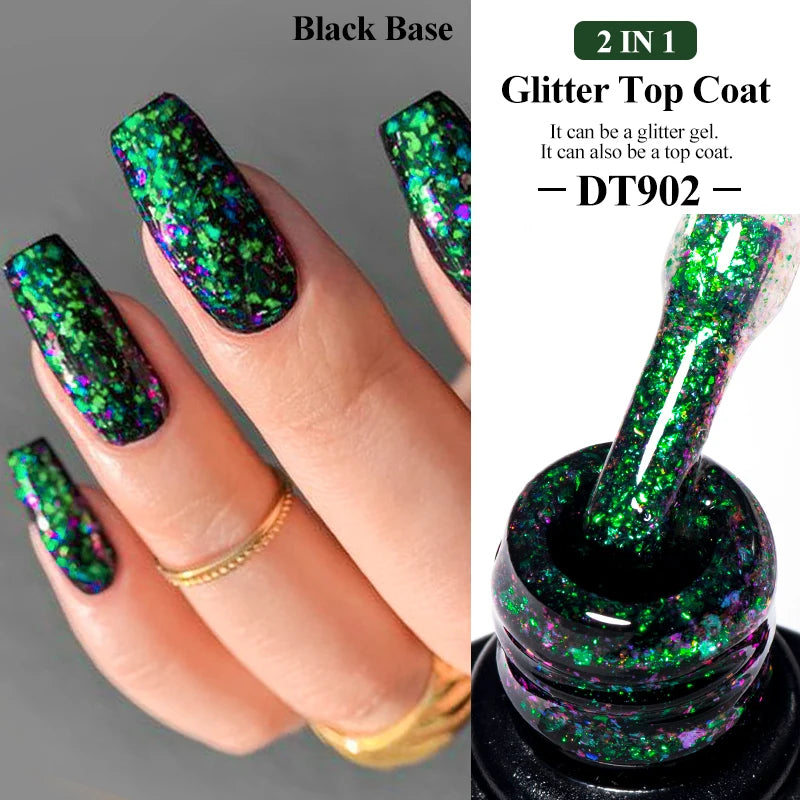 MEET ACROSS 7ml Dark Color Glitter Top Coat Gel For Nails Brocade Powder 2 In 1 Chameleon Nail Art Gel Varnish Manicure