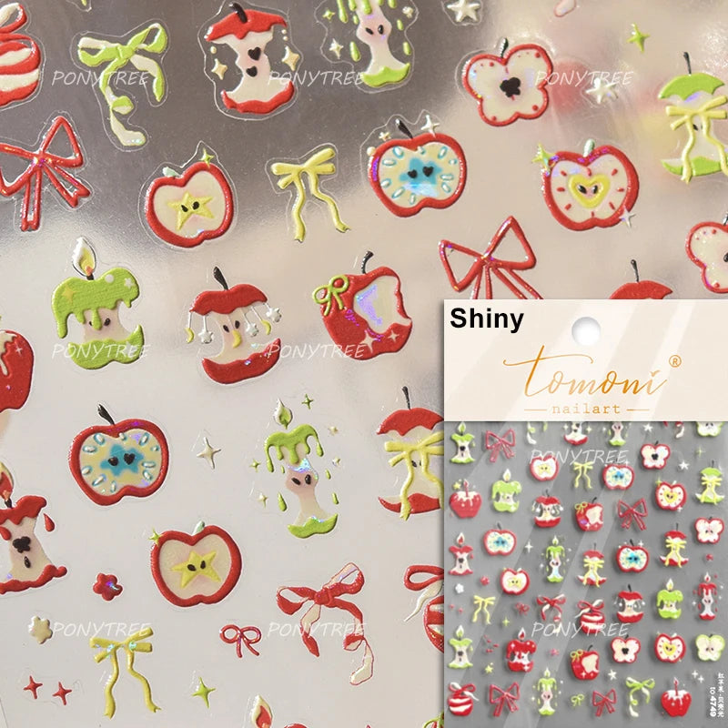 Shiny Attractive Apple Core Peel Cute Fruits Bowknot Tie Star Self Adhesive Nail Art Stickers Charming Rhinestone Manicure Decal