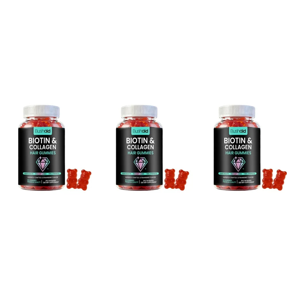 Bushaid Biotin Collagen Hair Gummies Strawberry Flavor Biotin 600mcg MSM Vitamins A D B6 B12 Non-GMO Vegan Gluten Free 60 Count