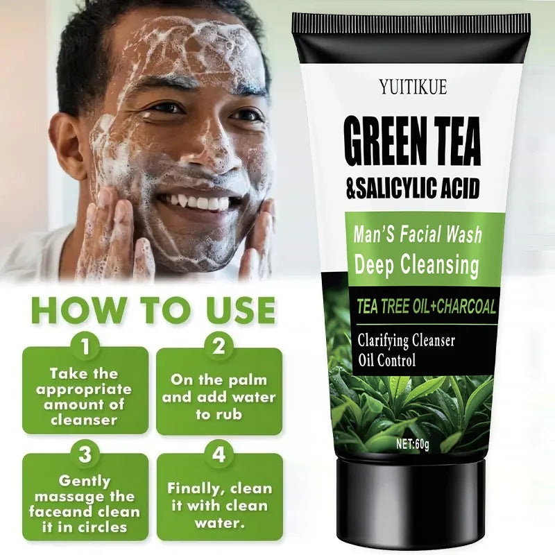 WaterIceLevin Green Tea Salicylic Acid Mens Facial Wash Deep Cleansing Oil Control Tea Tree Charcoal Refreshing Gentle Cleanser