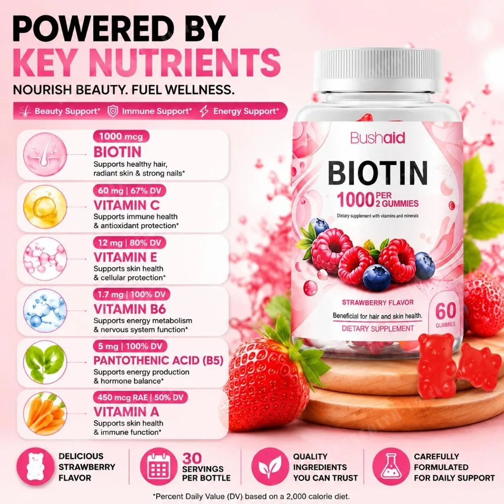 Bushaid Biotin Gummies 1000mcg Hair Skin Nails Vitamins A C D E B6 B12 Folate Strawberry Non-GMO Vegan Gluten Free 60 Count