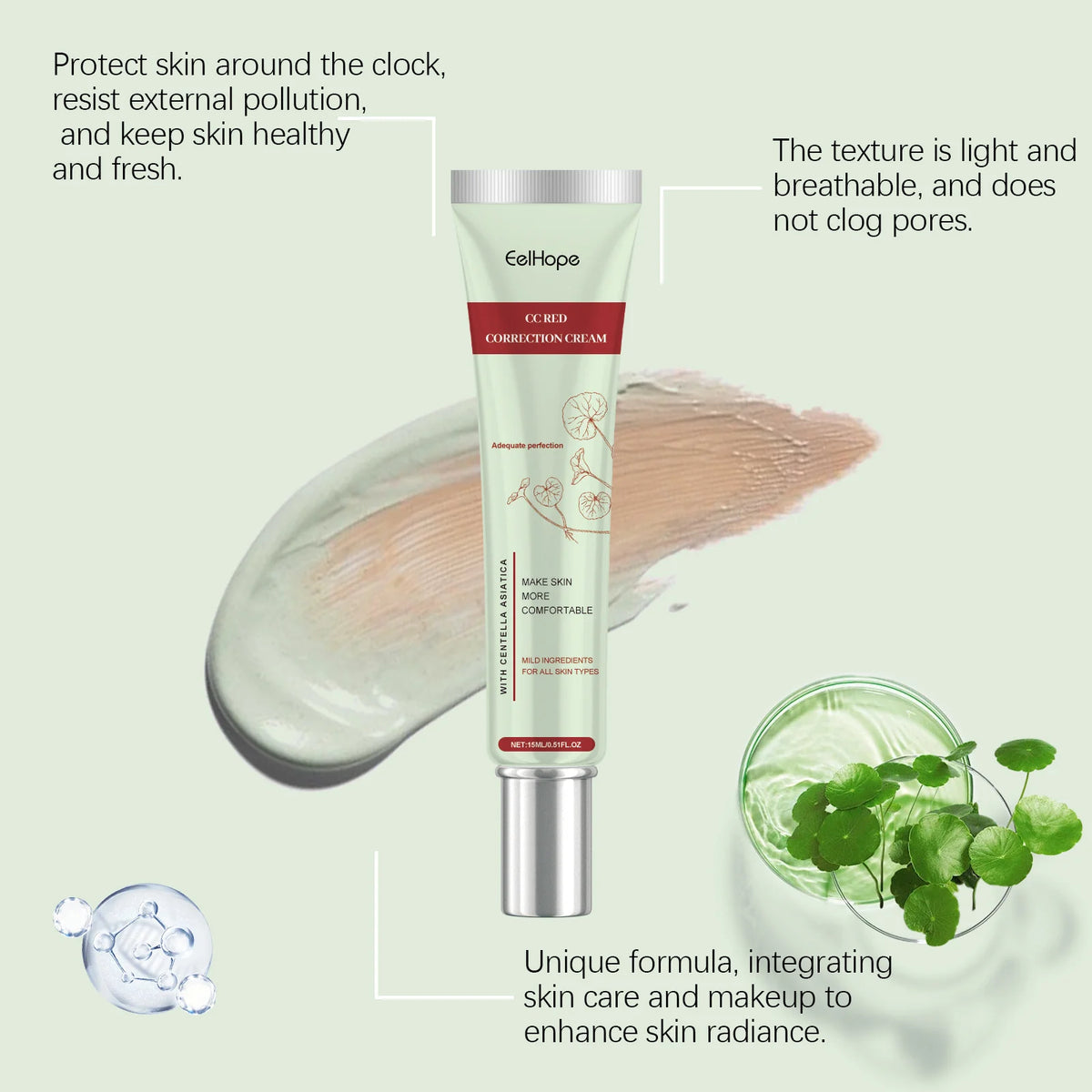 Centella Asiatica CC Cream Repair Redness Damage Smoothing Moisturizing Brighten Sunscreen Concealer Skincare Makeup Foundation