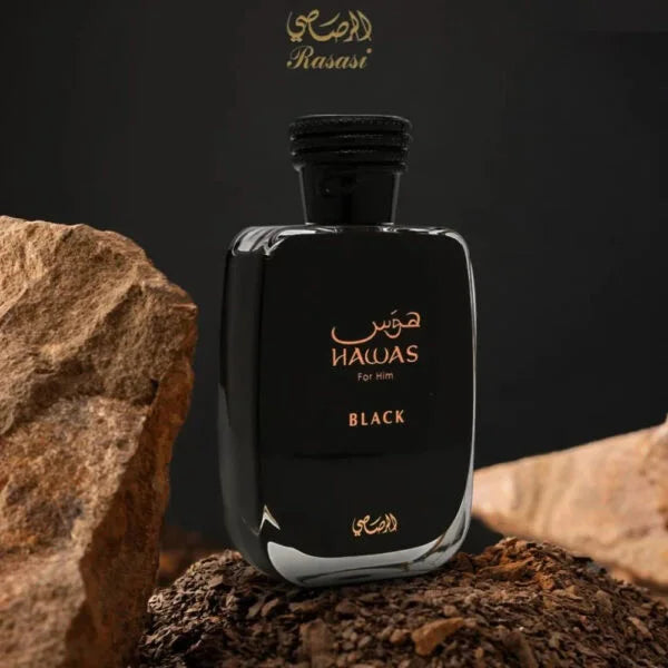 Rasasi Hawas Black EDP Spray 100ml Men's Fragrance Black & Gold Bottle Oriental Fougère Scent with Bergamot Lavender Ambergris Perfect Holiday Birthday Gift for Him