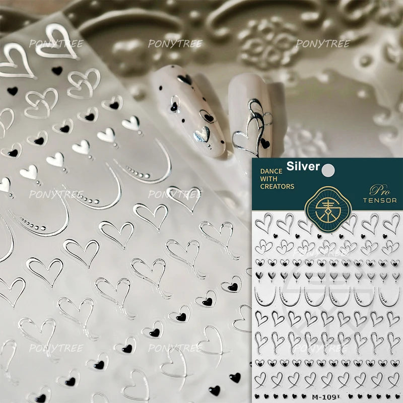 Geometric Lines Star Love Heart Chain Silver Gold Lava Letter Flower Growth Ring Number 5D DIY Nail Art Stickers Manicure Decals