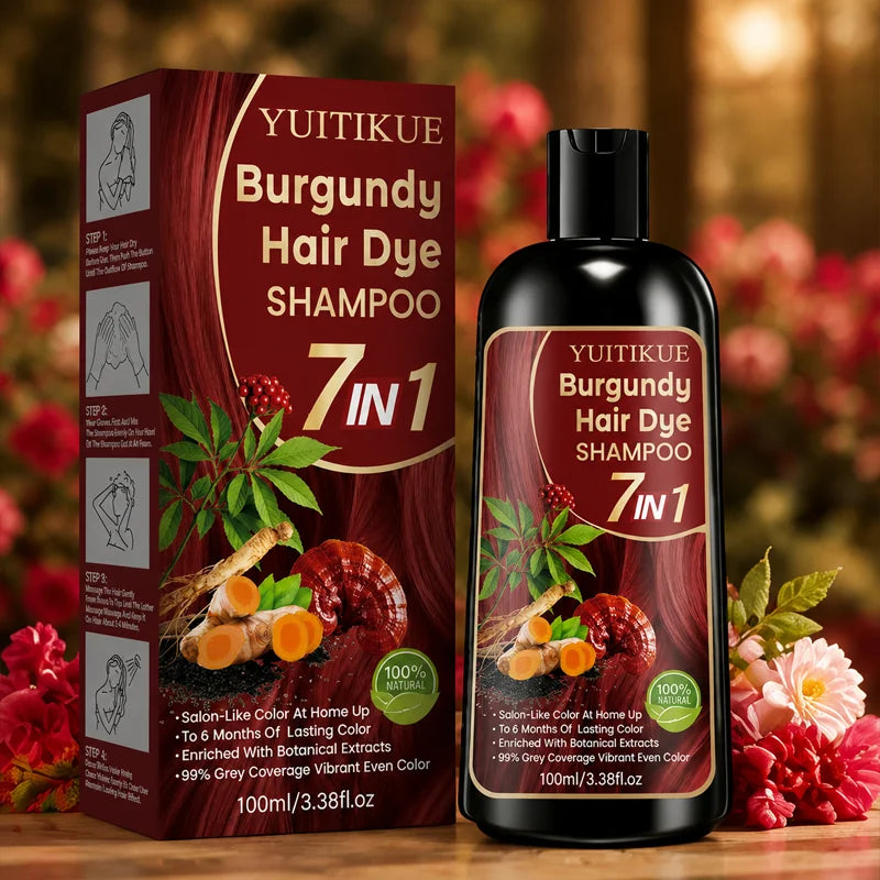 Burgundy Hair Dye Shampoo 7 In 1 Natural Plant Extract Cover Gray Hair Long Lasting Vibrant At Home Hair Color Care Shampoo