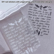 Angel Wings Letter Nail Stickers Black White 3D Alphabet Mixed Patterns DIY Nail Art Decoration for Nails