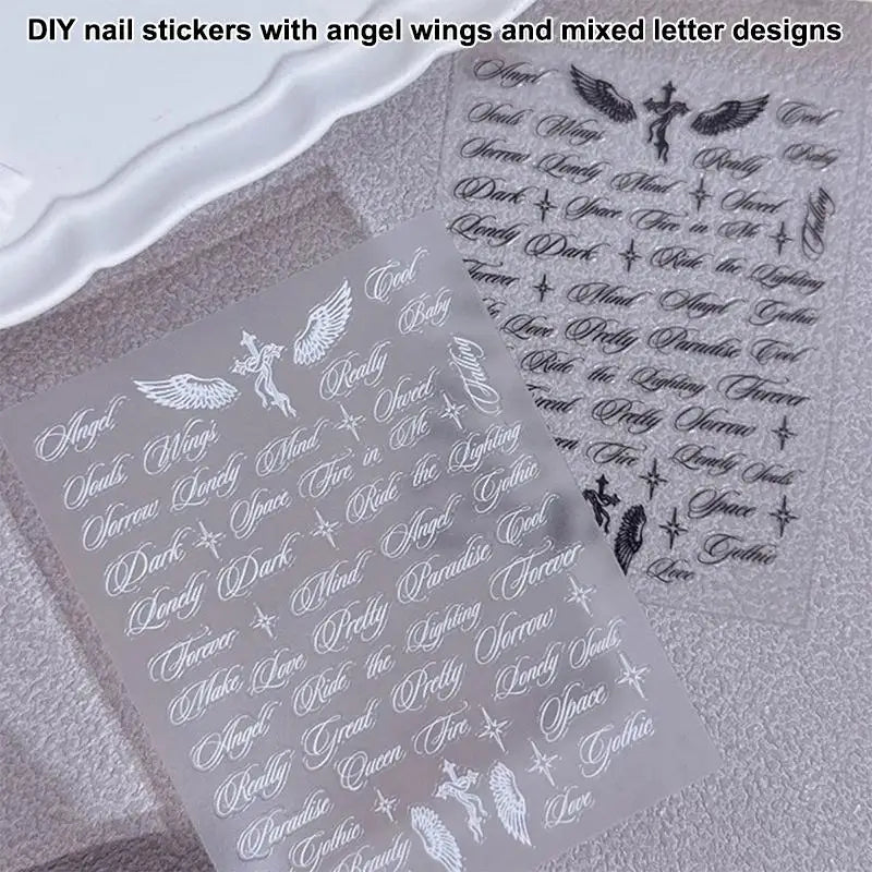 Angel Wings Letter Nail Stickers Black White 3D Alphabet Mixed Patterns DIY Nail Art Decoration for Nails