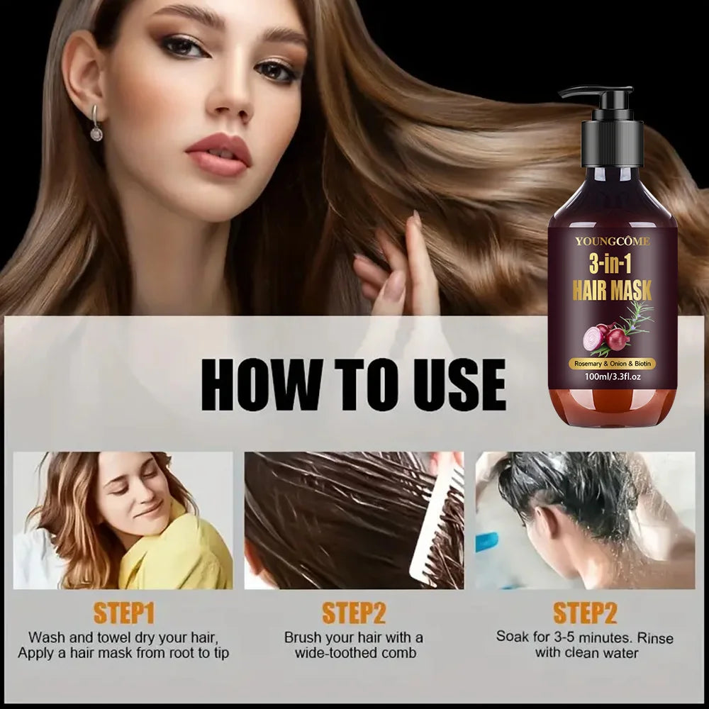 Organic Hair Mask with Rosemary, Onion Biotin 3-in-1 Natural Treatment Nourish Reduce Hair Loss Anti-Breakage Hair Products100ml