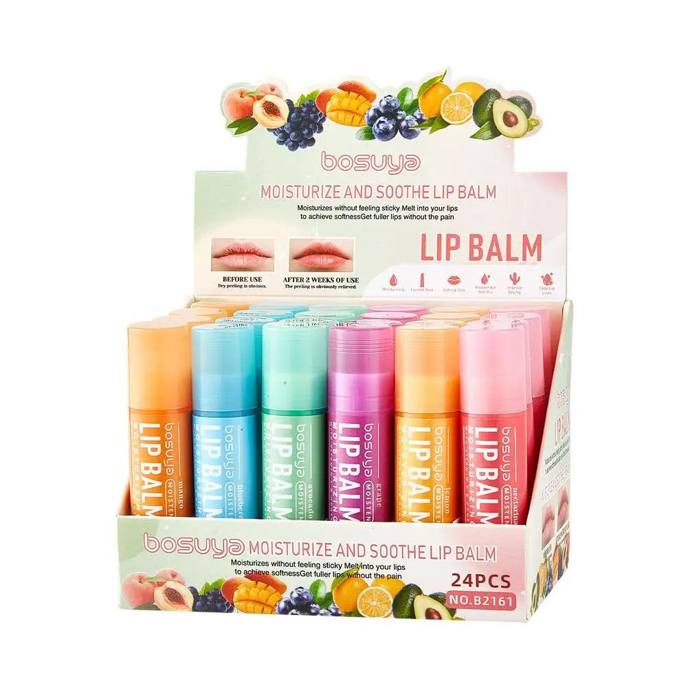 NEW 24PCS/BOX Fruit Series Lip Balm Set Honey Grape Avocado Moisturizing Repair Anti-Cracked Non-sticky Lip Balm Lips Skin Care