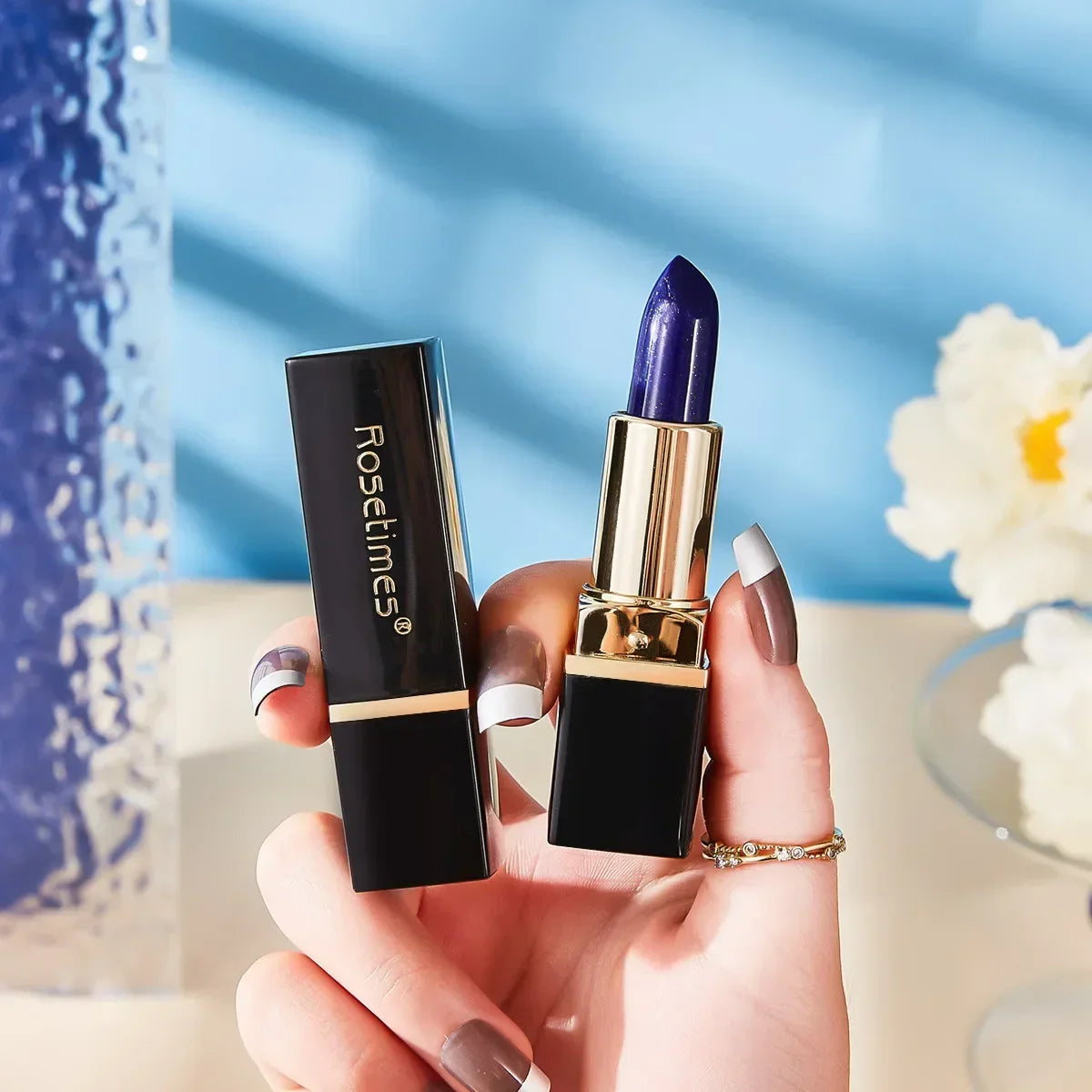 Color Changing Blue Rose Lipstick - Mood Lip Balm Long Lasting Non-Transfer Kiss Proof Lip Makeup