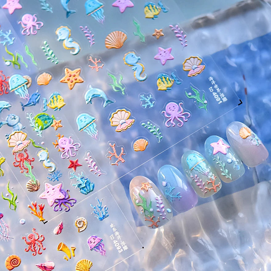 1 piece of 5D marine life nail stickers coral dolphin jellyfish shell conch starfish sea soft relief decorative nail art sticker
