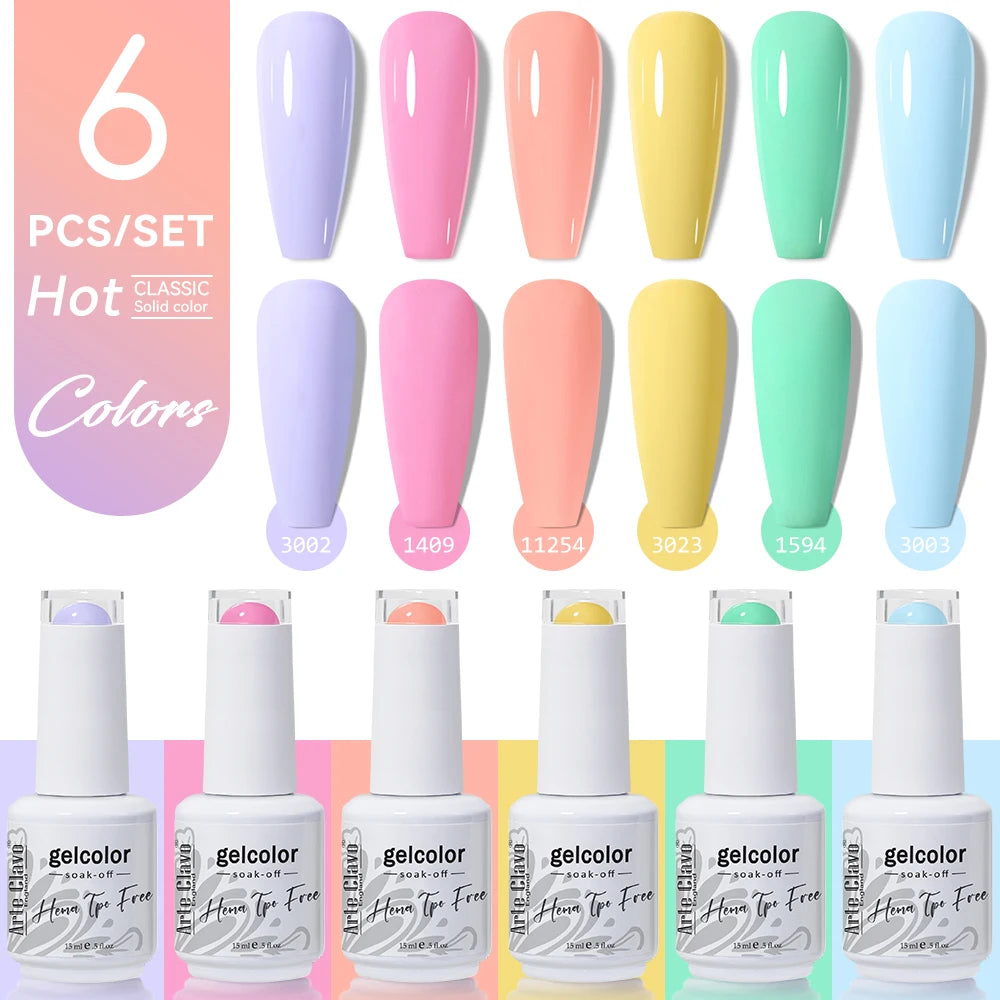 Arte Clavo 15ml Gel Polish Set 6PCS HEMA TPO Free Soak Off UV LED Nail Varnish Kit Long Lasting Manicure Gel for Nail Art Salon
