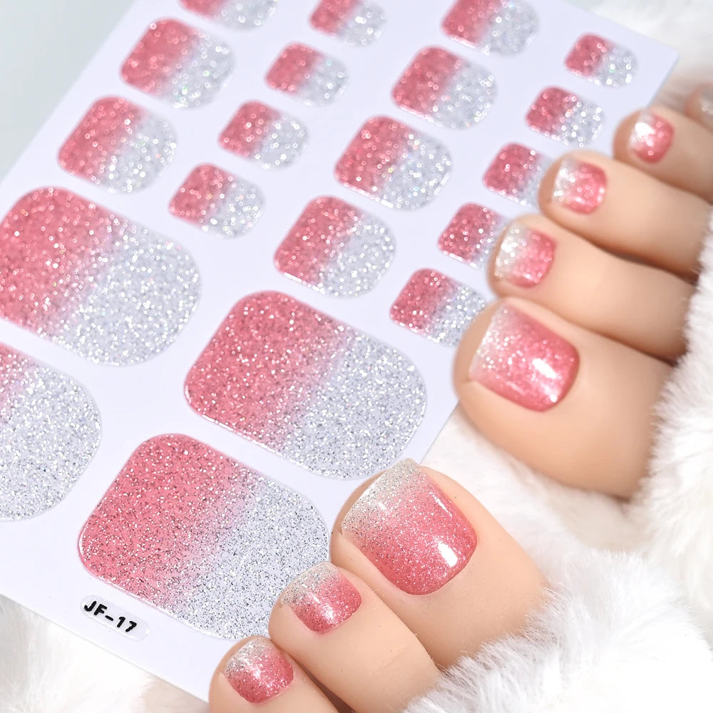 1pcs 22tips Gradient Glitter Full Toe Nail Wraps 3D Shiny Omber Pink/Purple/blue Toe Nail Polish Stickers Baking Free Toe Strips