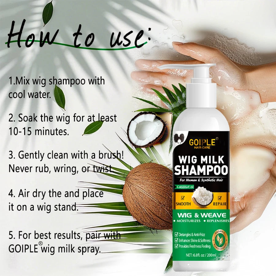 GOIPLE Natural Coconut Oil Wig Milk Shampoo Smooth Repair Moisturizes Frizzy Hair for Wigs Wave 2 in 1 Wig Wash Care Product