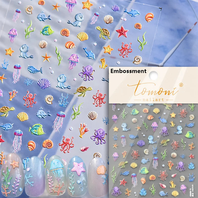 1 piece of 5D marine life nail stickers coral dolphin jellyfish shell conch starfish sea soft relief decorative nail art sticker