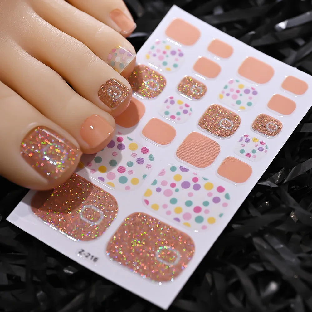1pcs 22tips Gradient Glitter Full Toe Nail Wraps 3D Shiny Omber Pink/Purple/blue Toe Nail Polish Stickers Baking Free Toe Strips