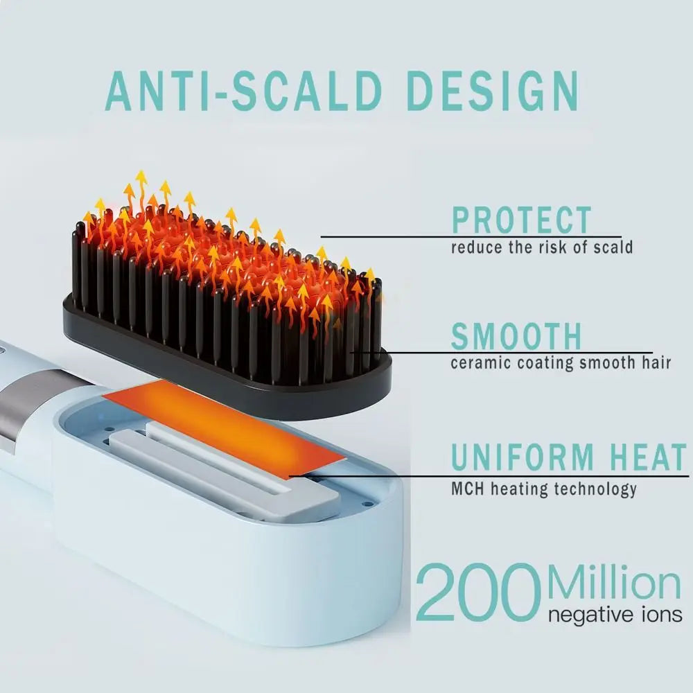 Wireless Hair Straightener Comb, LCD Display 140-200℃ 3 Temp Control, Rechargeable Portable Travel Hair Styling Brush