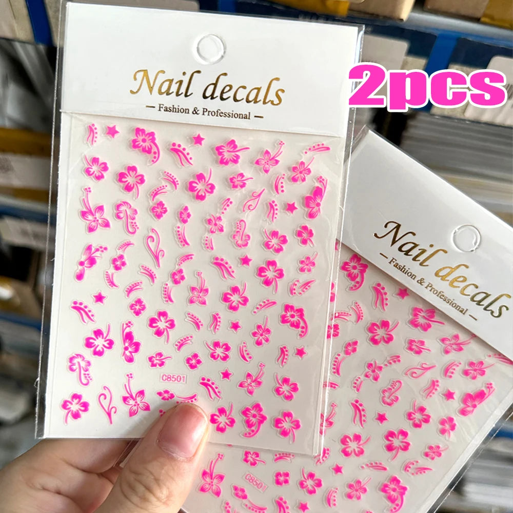 2pcs 3D Hibiscus Flower Nail Stickers 3D Self-Adhesive White Pink Flower Nail Decals Tropical Leaves Summer Nail Art Decoration