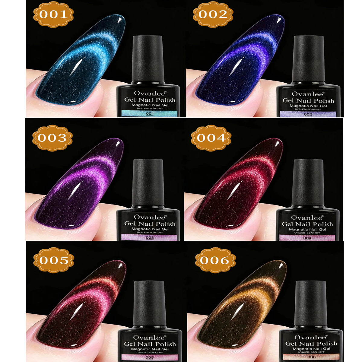 6pc 12 Colors Available Reflective Cat Eye Magnetic Soak-Off UV LED Gel Nail Polish, Fashion Holographic Nail Art Tools For Women