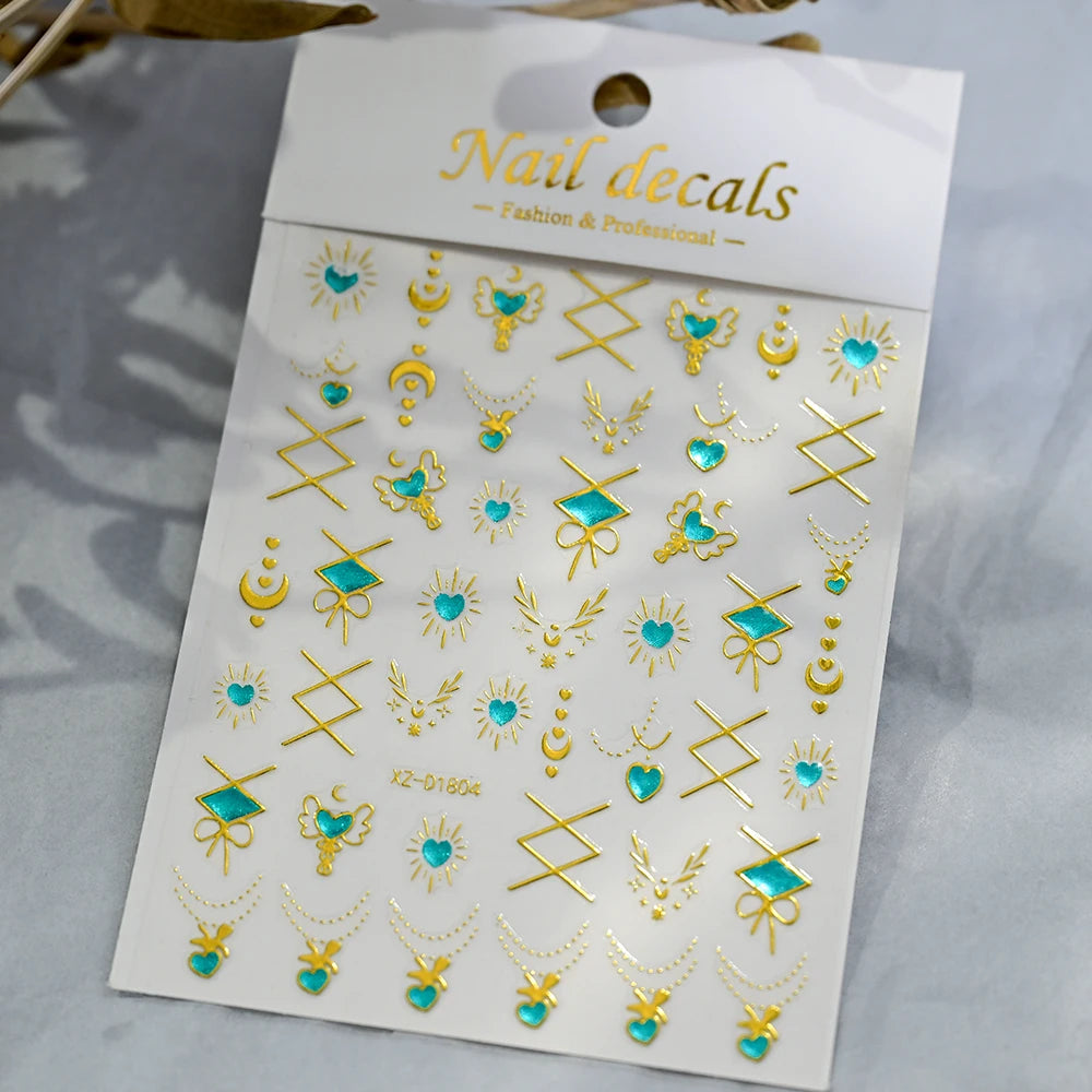 5D Gold Snake Star Moon Nail Art Stickers Lake Blue Gem Love Heart Nail Decal Y2 Holographic Metal Evil Eye Bohemian Nail Slider