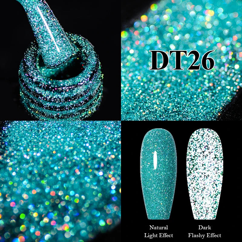 MEET ACROSS 7ml Reflective Glitter Gel Nail Polish Pink Green Purple Sparkling Soak Off UV Gel Polish for Manicure DIY Nail Art