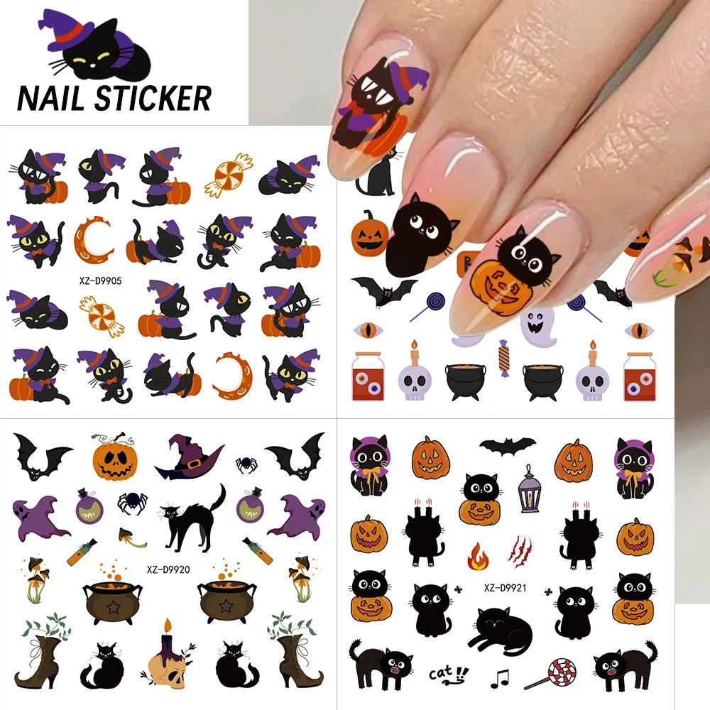 30Pcs 3D Halloween Cartoon Ghost Spider Bat Pumpkin Nail Stickers Mixed Punk Black Halloween Nail Decal 5x6cm Manicure Slider &*