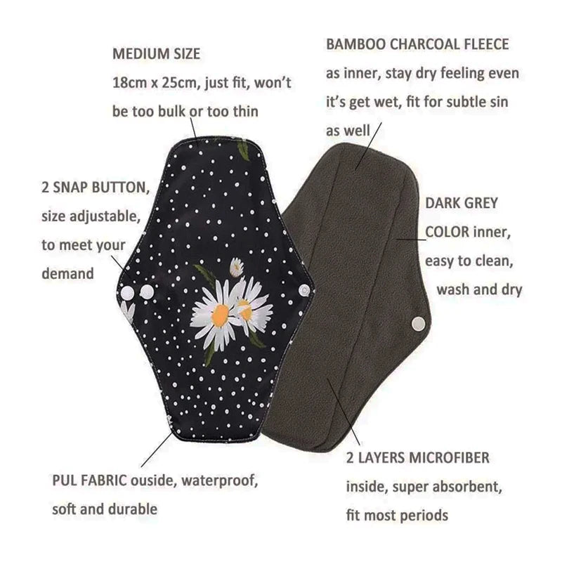 3 - 5 pcs Reusable Menstrual Pads Heavy Flow Women Menstrual Period Washable Sanitary Napkin Organic Bamboo Charcoal Cloth Pads