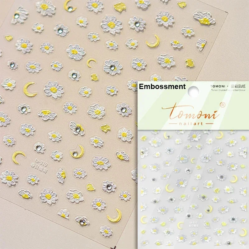 1 pc 5D sunflower nail stickers rose daisy cherry blossom self-adhesive nail art stickers oil painting style decorative sticker