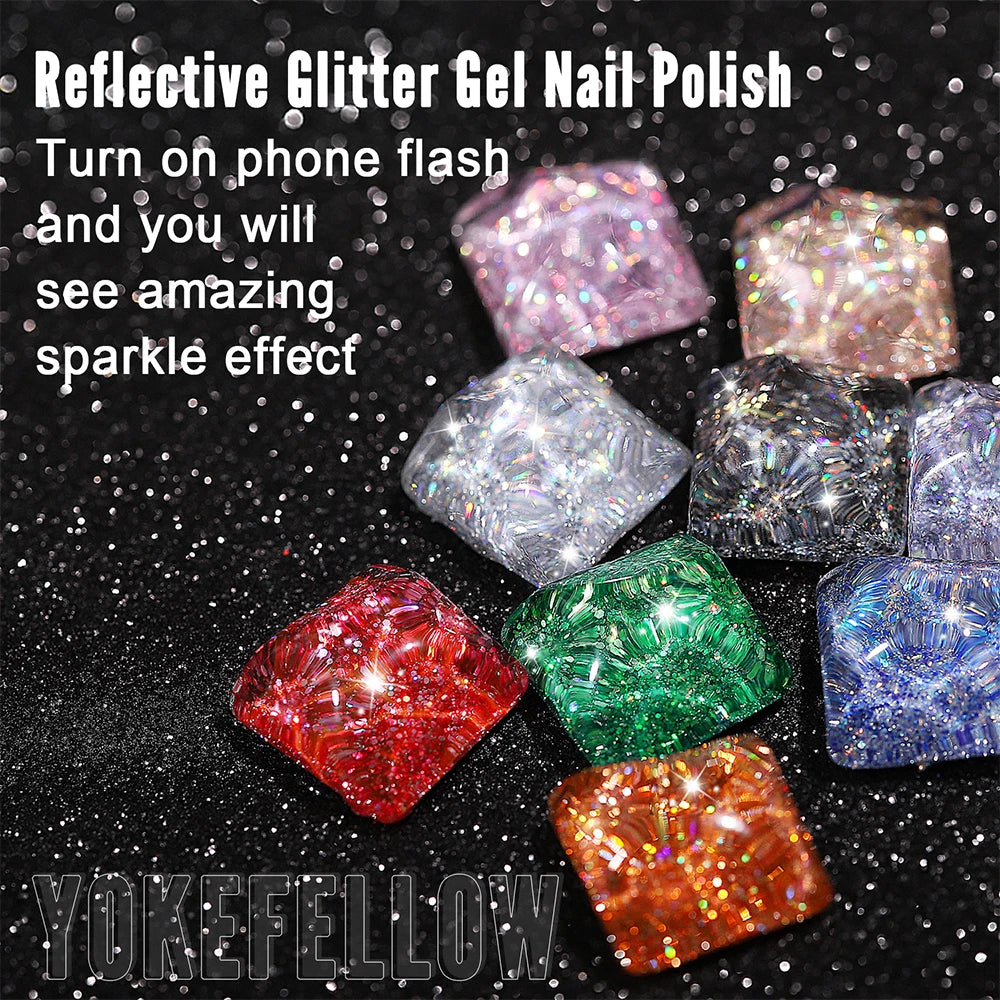 2024 New YOKEFELLOW 10ML Reflective Glitter Gel Nail Polish Soak Off UV Gel Varnish Colorful Nail Gel Polish For Manicure