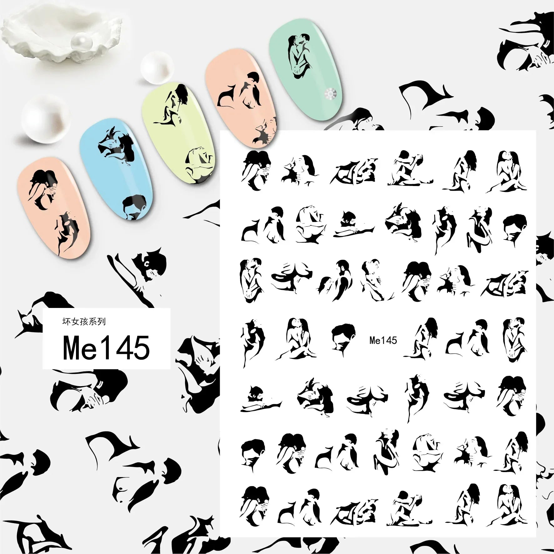 1PCS Black White Love Nail Stickers Letter Nail Design Flower Print Supplies Nail Art Decals Suitable For Women's Manicure