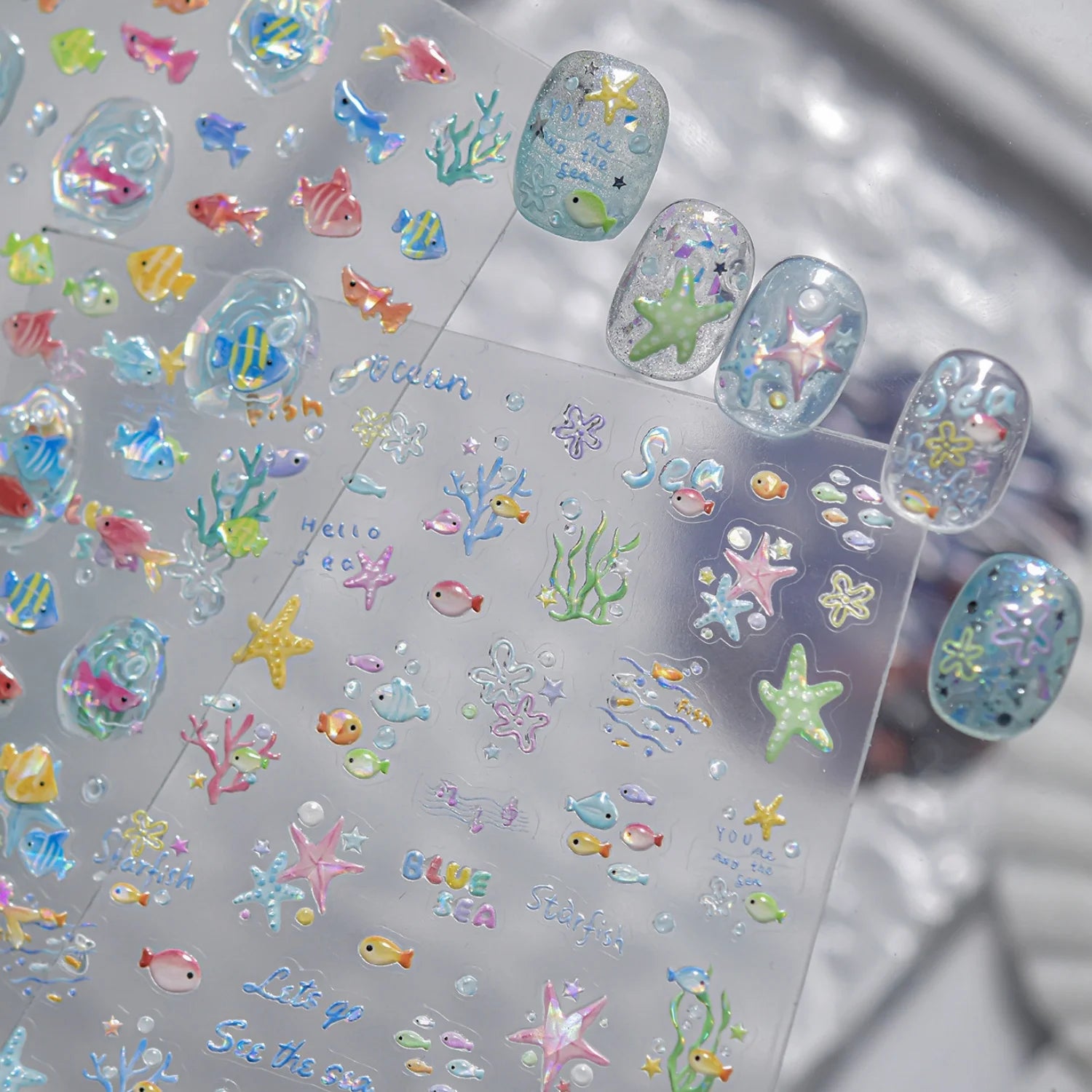 1pcs 5D Colorful Fish Starfish Coral Seaweed Shell Bubbles Ocean Nail Art Stickers Clear Jelly Tropical Fish Embossed Nail Decal
