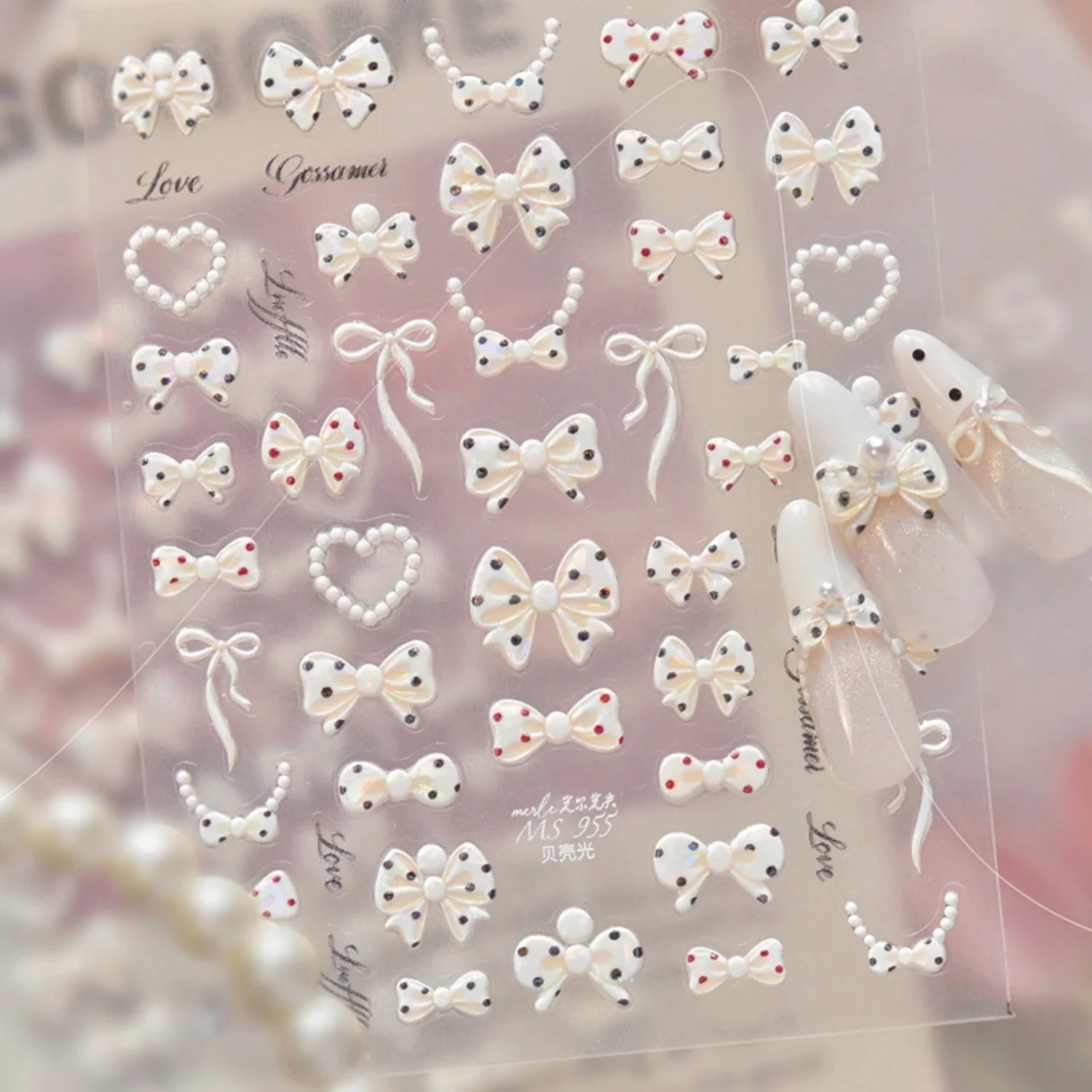 White Pearl Bow French Polka Dot Bow Pearl Heart Pearl Chain 5D Nail Stickers Self-Adhesive Nail Decal Manicure Decor for Women