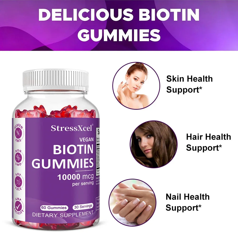 Hair, Skin & Nails Gummies - with Biotin - Promotes Hair Growth, Nourishes Skin, Strengthens Nails, Non-GMO, Strawberry Flavor