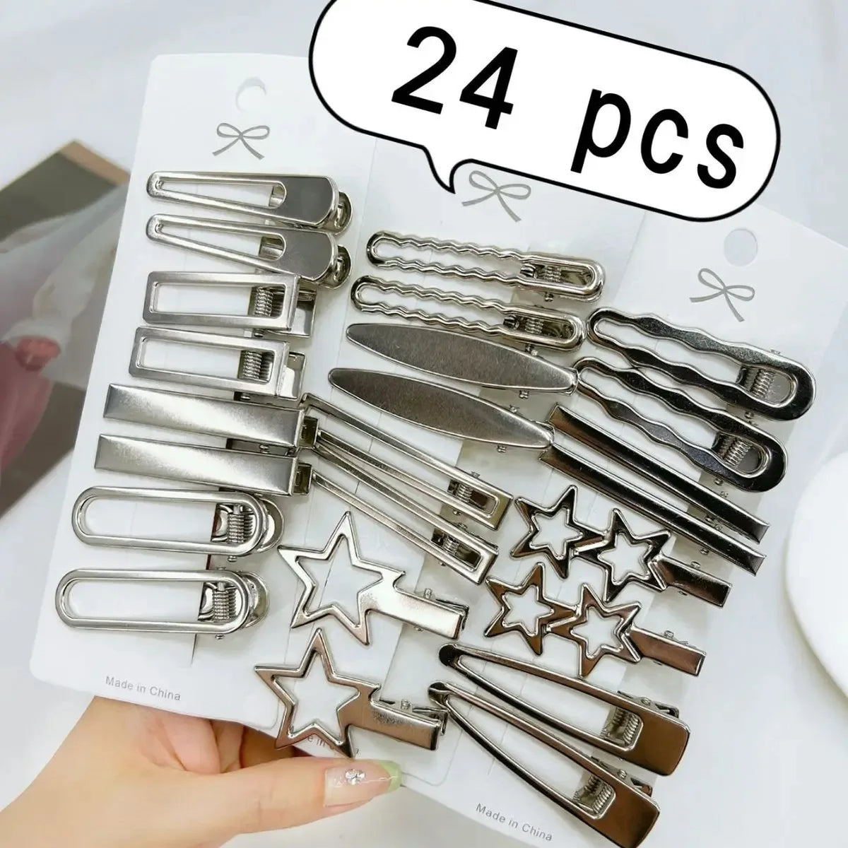 24Pcs/Set Y2K Silver Metal Hair Clips Star Hair Accessories for Women And Girls Multiple Styles Seamless Duckbill Hairpins