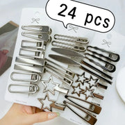 24Pcs/Set Y2K Silver Metal Hair Clips Star Hair Accessories for Women And Girls Multiple Styles Seamless Duckbill Hairpins