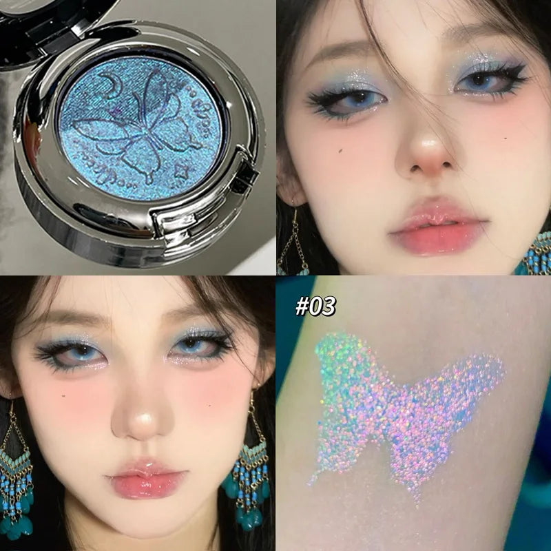3D Butterfly Embossing Chameleon Eyeshadow Monochrome High-pigment Metallic Gradient  Shiny Glitter Blue Highlighter Eyes Makeup