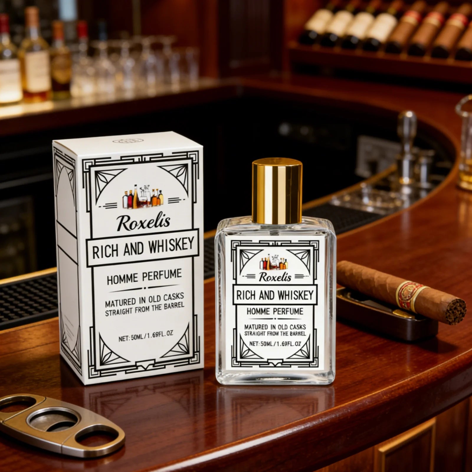 Roxelis Whiskey Scent Perfume Exude Elegance Lasting Charm Boost Confidence Light Fragrance Level Fragrance Spray for Men 50ml