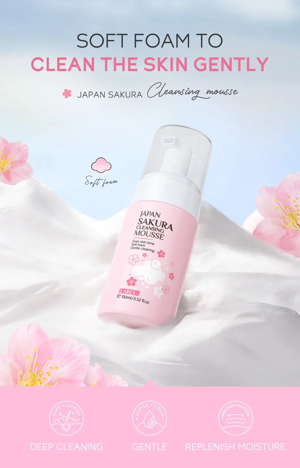 LAIKOU Japan Sakura Cleansing Mousse Gentle Foam Face Wash Even Skin Tone Deep Cleansing Non-Irritating Facial Cleanser 100ml