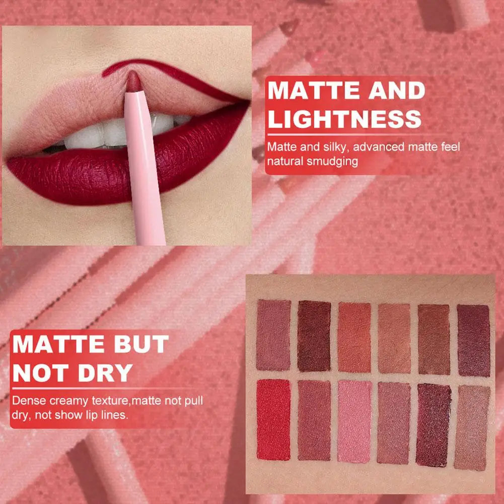 12 Colors Matte Lip Liner Pencil Set,Creamy Velvet Lipstick,Long Lasting Waterproof Smooth High Pigmented Lip Makeup for Women
