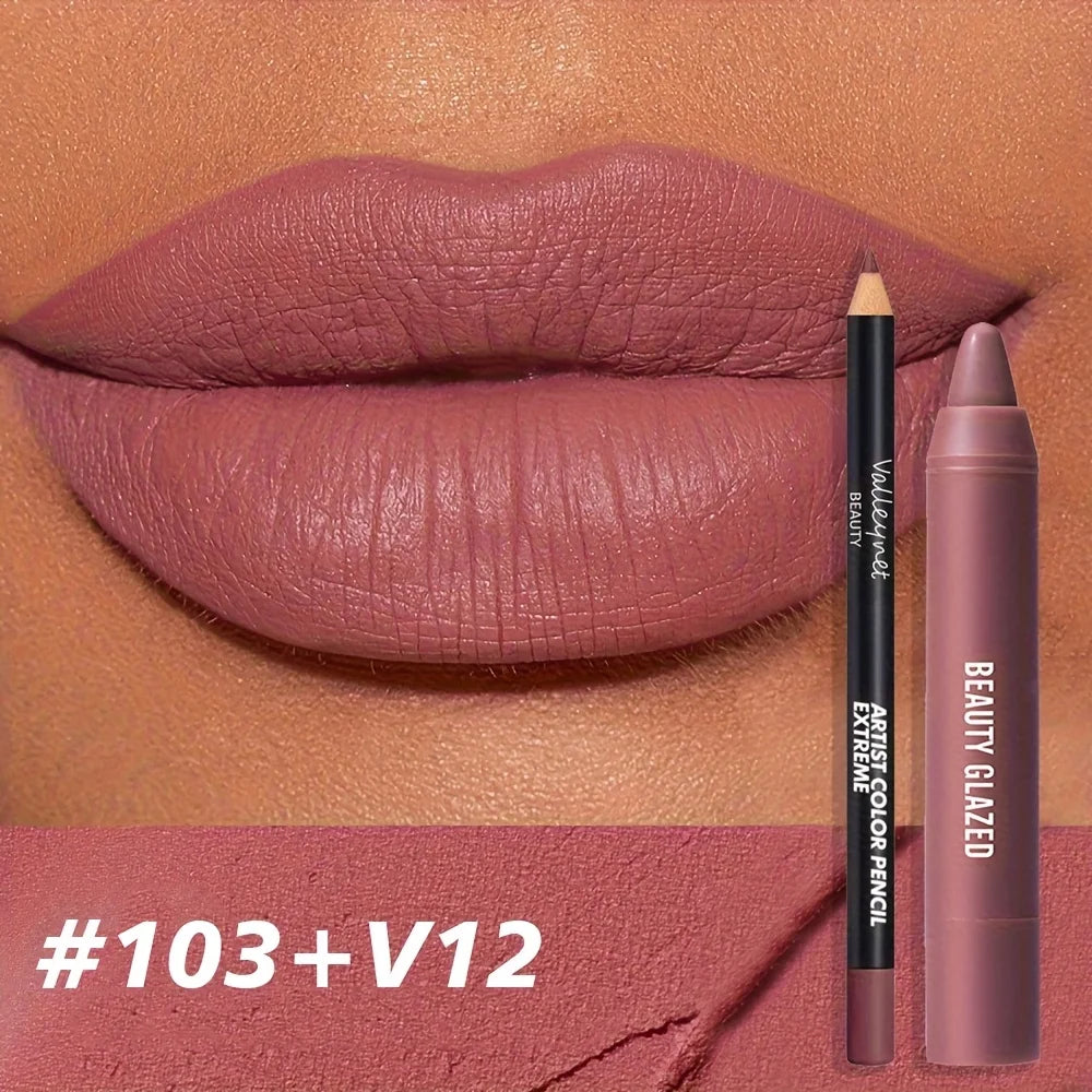 2pcs Matte Lip Liner & Gloss Set - Long-Lasting Waterproof, Non-Stick Formula with Precision Tip, Matte Lip Pencil & Gloss Combo