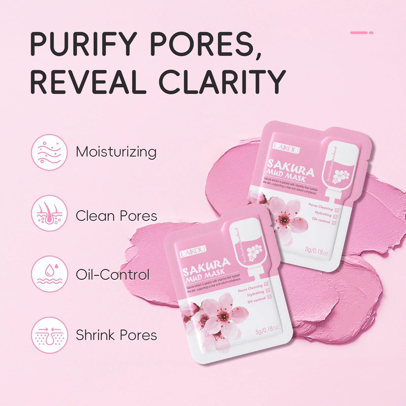 Laikou Sakura Clay Mask Trial Size Hydrating Deep Cleansing Pore Minimizing Brightening Face Mask Skin Care Product Mud Mask 5g