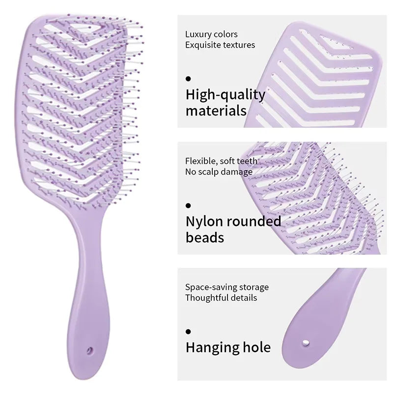 1PCS V-Shape Detangling Hair Brush with Hollow Nylon Bristles Wide Teeth Portable Soft Anti-Static Styling Tool for Curly Hair