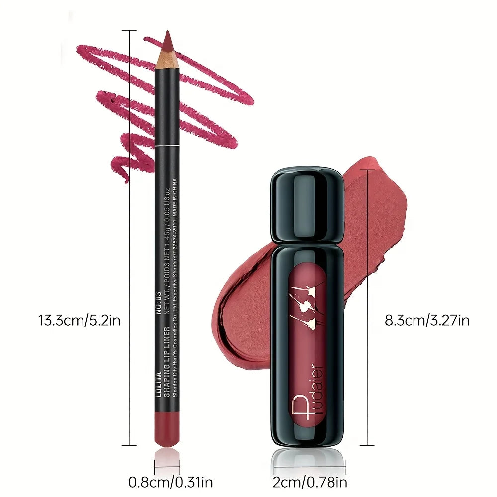 Lip Liner and Lip Mud Combo, Matte Waterproof Long Lasting Velvet Lip Makeup Set, Perfect Gift for Daily & Holiday Look