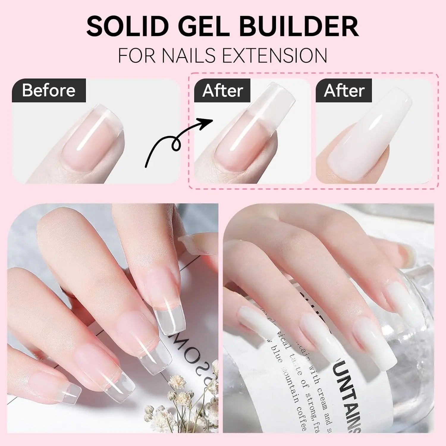 Makartt Solid Gel Builder: 4-in-1 Clear White Non-sticky for Extension 3D Sculpting Nail, UV Glue for Acrylic Tips, Rhinestones