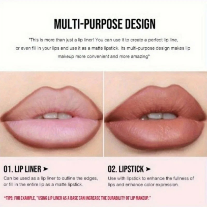 Long Lasting Velvety Lip Liner &Eyeliner Waterproof Sweatproof Dual-Purpose Easy Glide Nude Lipstick Pen Makeup Tool