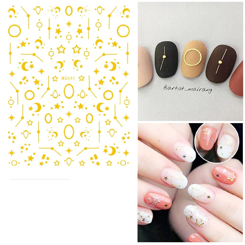 Shiny Gold Star Moon Sun Nail Stickers for Manicure Accessories Heart Feather Animals Printing Self Adhesive Nail Wrap