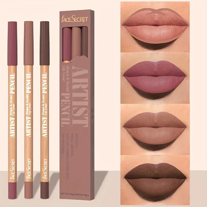 Face Secret 3pcs Set Nude Lip Liner, Natural Matte,Long-Lasting Waterproof,High Pigmented Hook Line Lip Pencil Makeup
